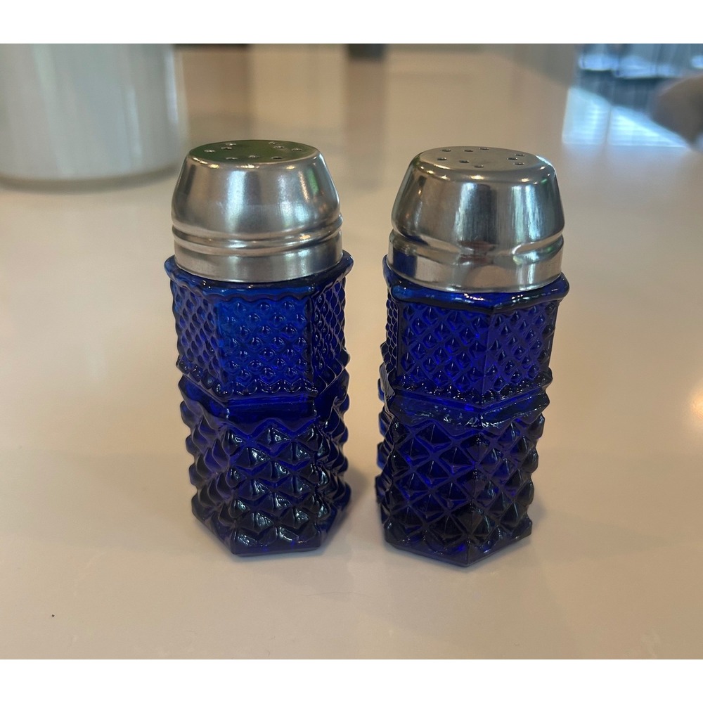 Salt and Pepper Shakers Cobalt Blue Wexford diamond Glass Set